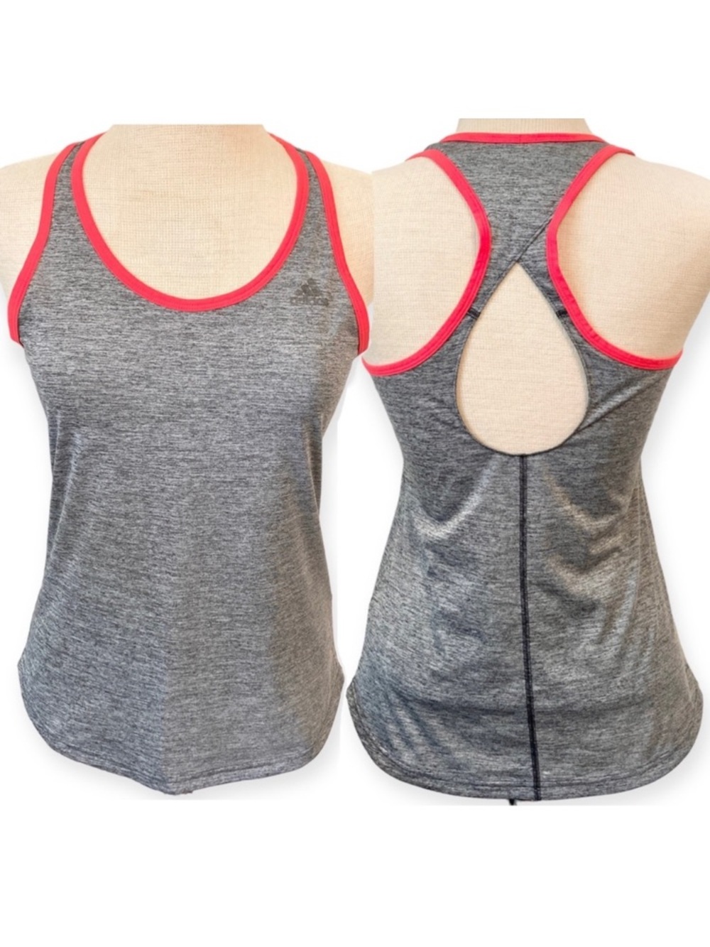 Adidas Keyhole Open Back Climalite Size Small Heathered Gray Neon Red Loose Cool